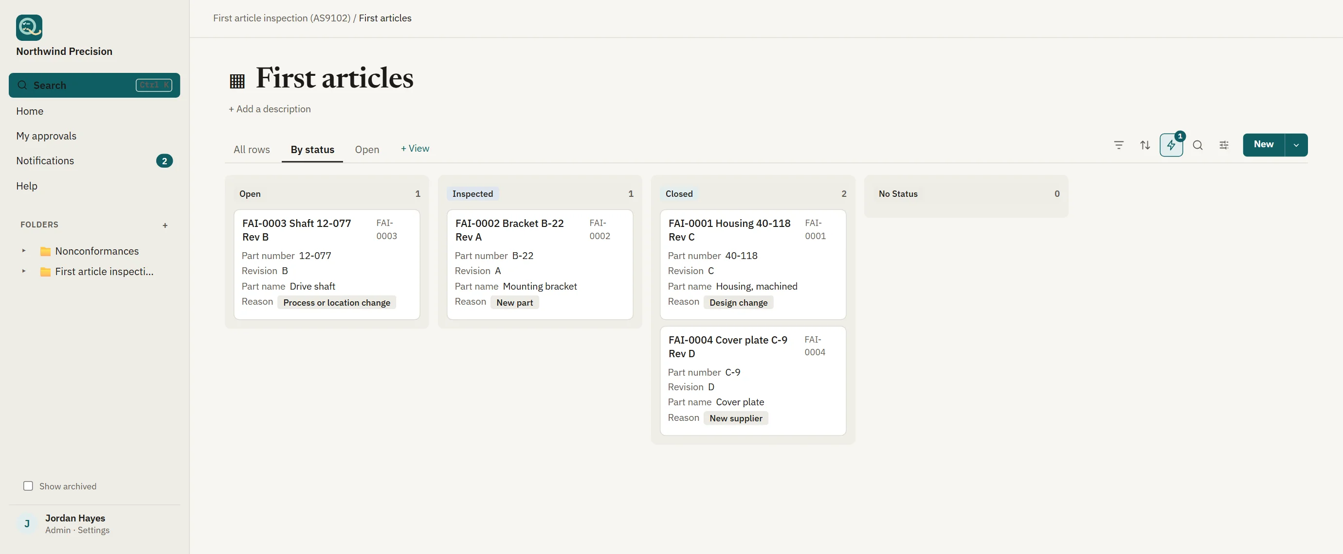 First article inspections on a board by status: Open, Inspected and Closed.