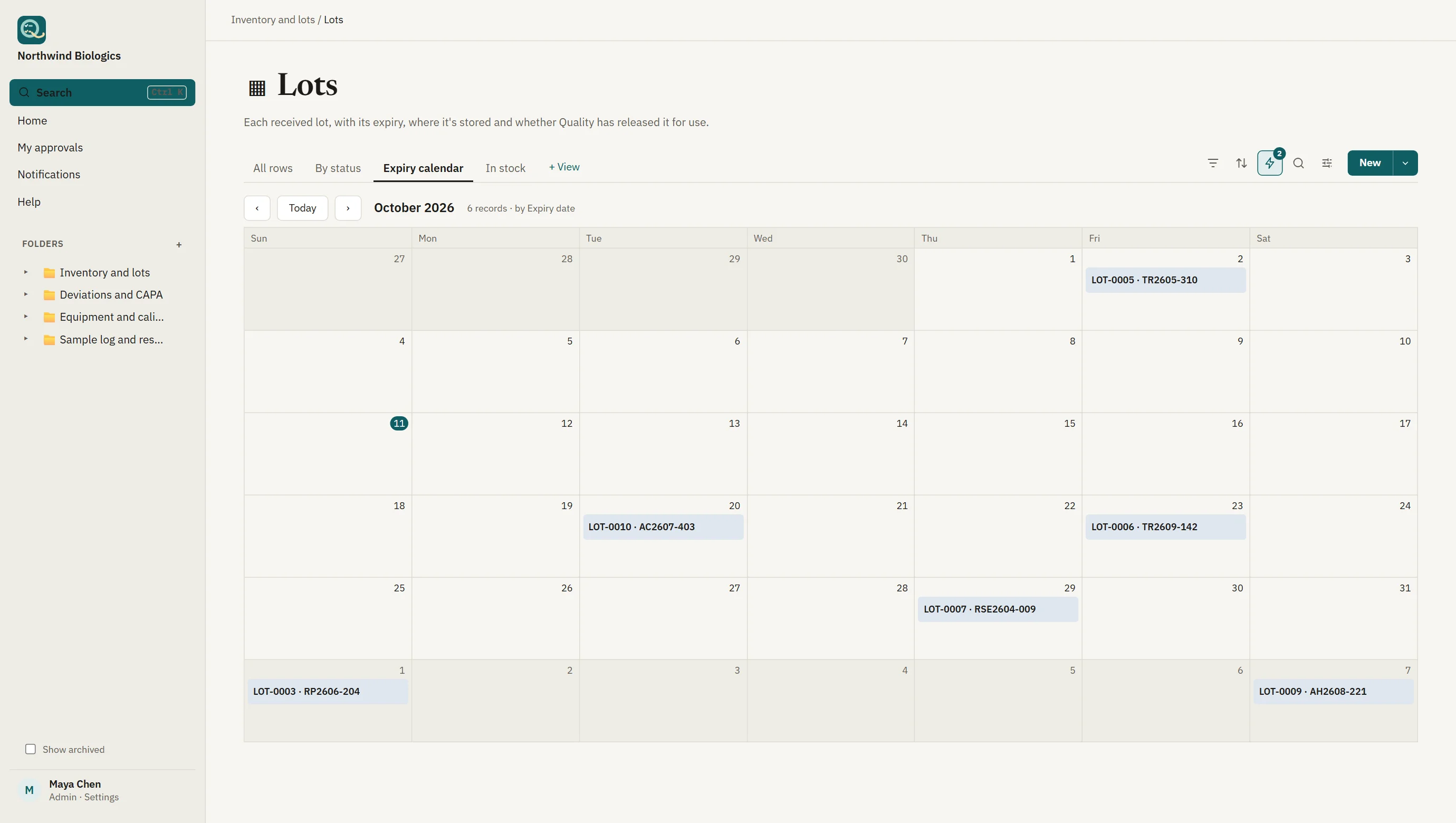 The expiry calendar for October: lots shown on the day they expire, each labelled with its lot number.