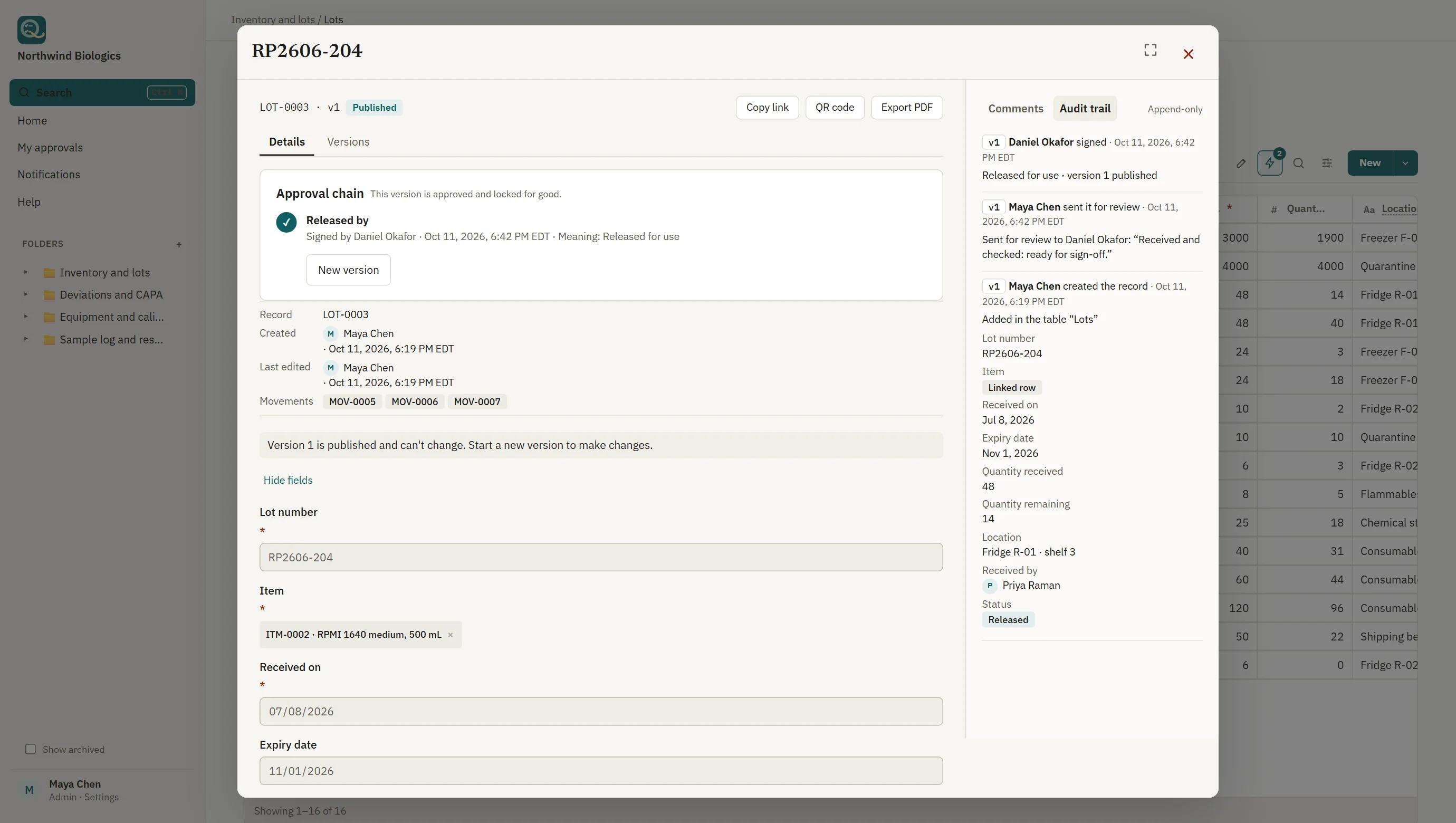A released lot: the approval chain shows it signed by a second person with the meaning Released for use, the version published and locked, and an append-only audit trail of who did what and when.