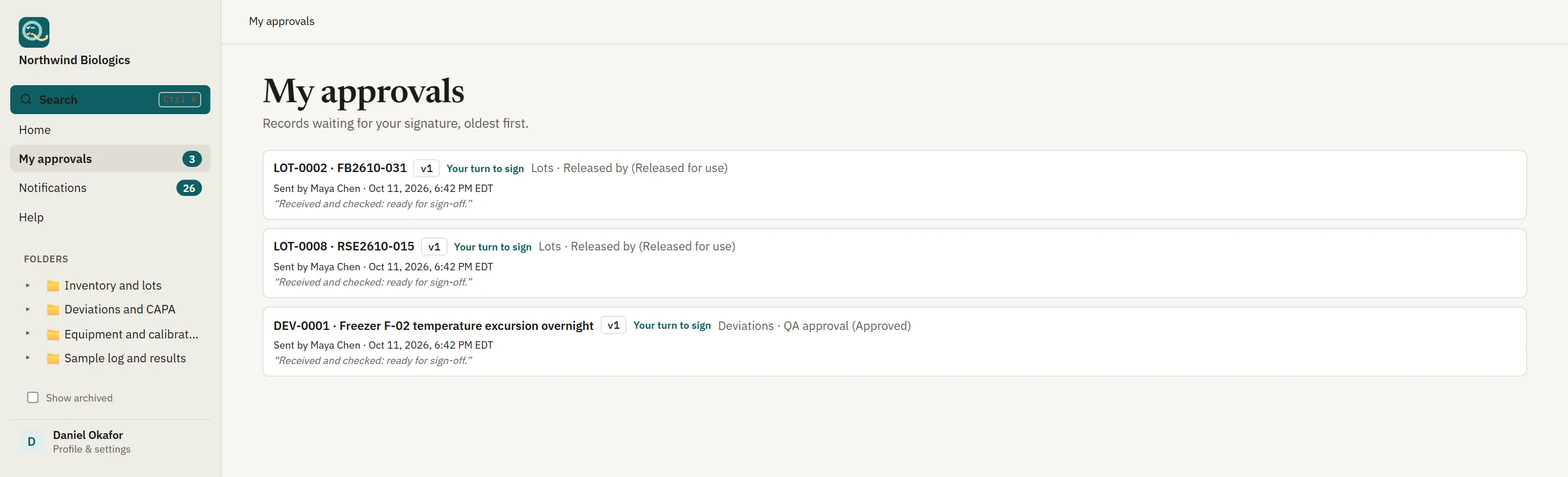The My approvals page listing three records waiting for the signed-in person's signature, with who sent each one and when.