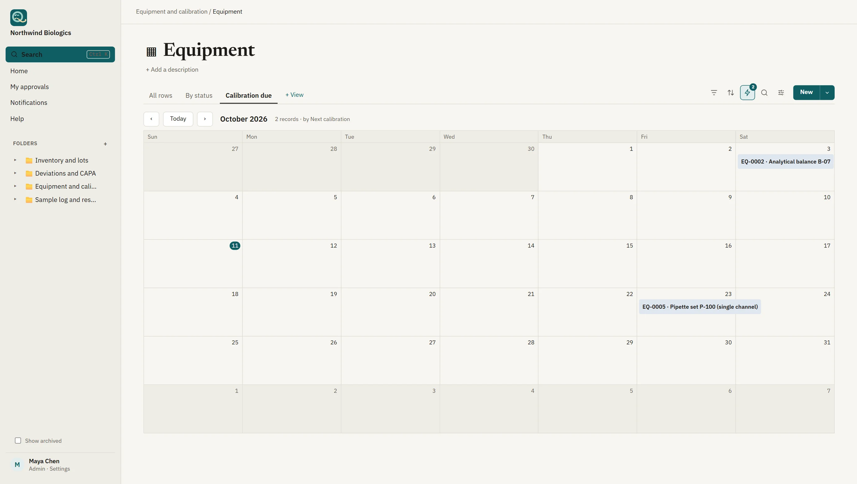 A calendar of equipment calibration due dates for the month.